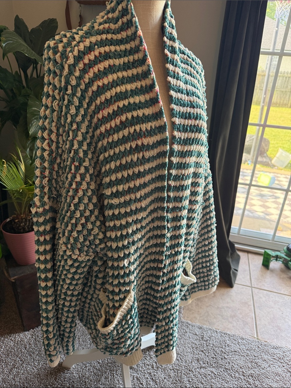 Chunky Striped Green & Cream Open Cardigan Sweater